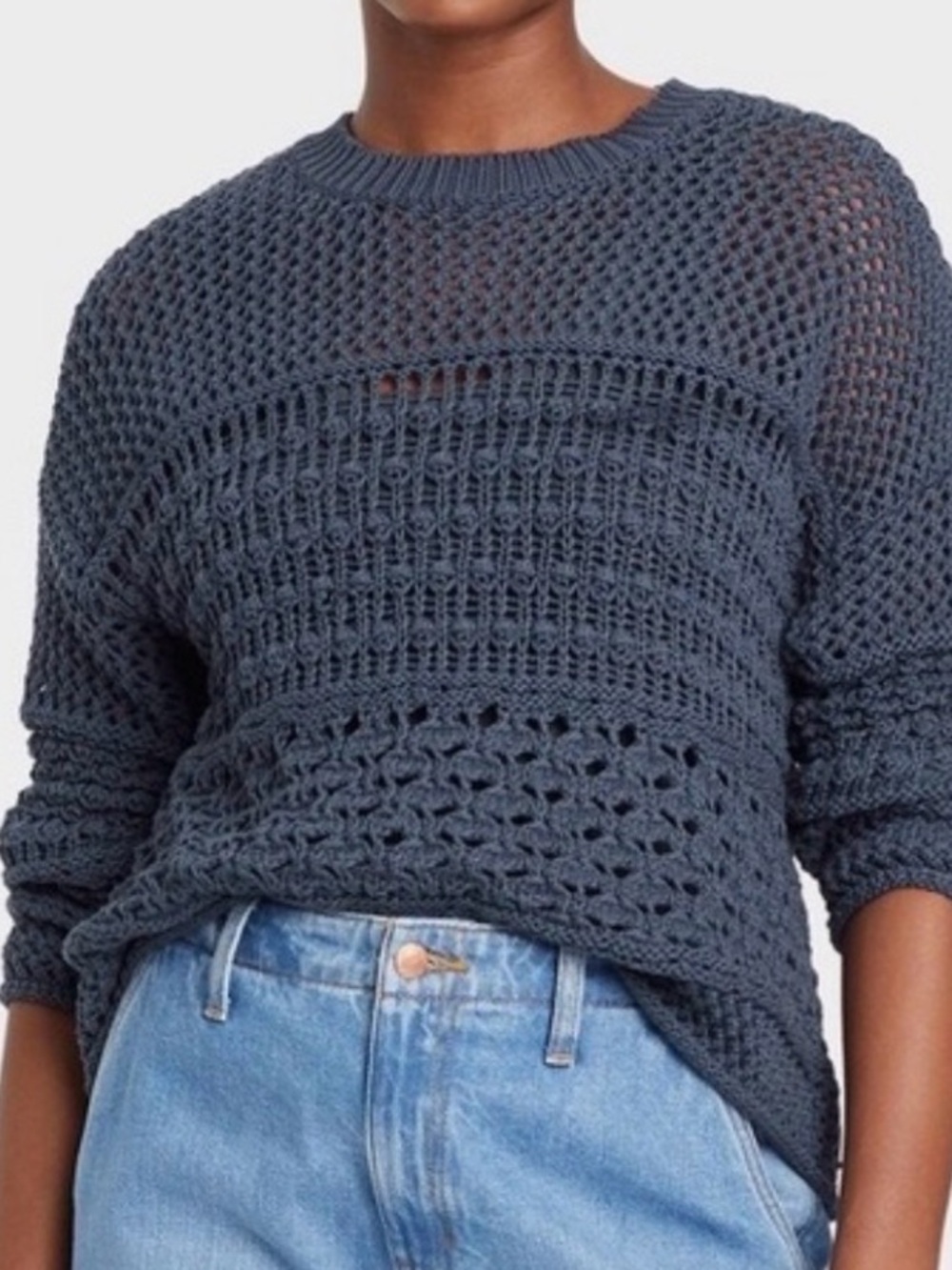 Womens Medium Blue Open Knit Crochet Crewneck Sweater M